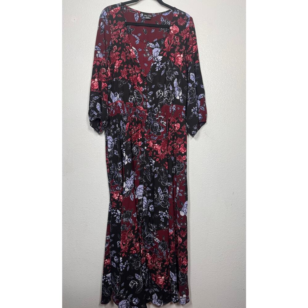 City Chic Maxi Dress Red Black Sz M/18W Smocked Floral
